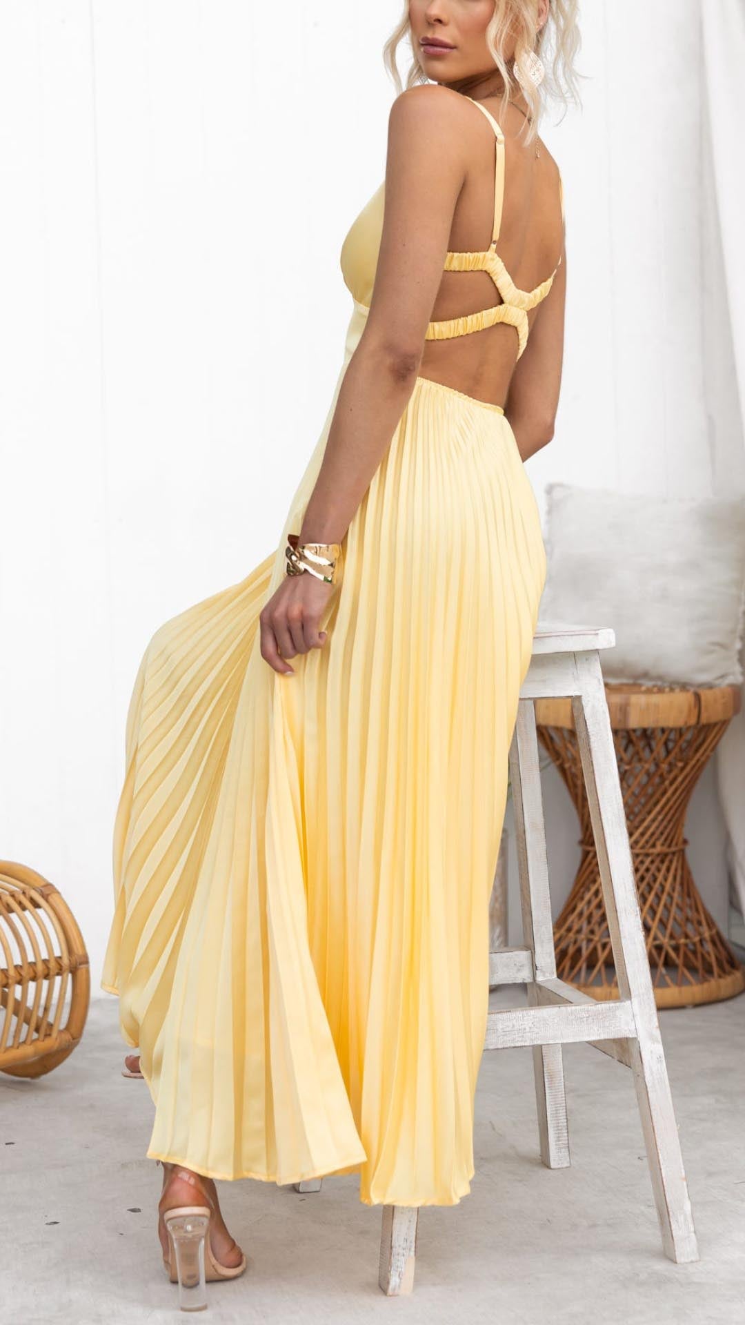 Sheree | Pleated V Neck Open Back Maxi Dress