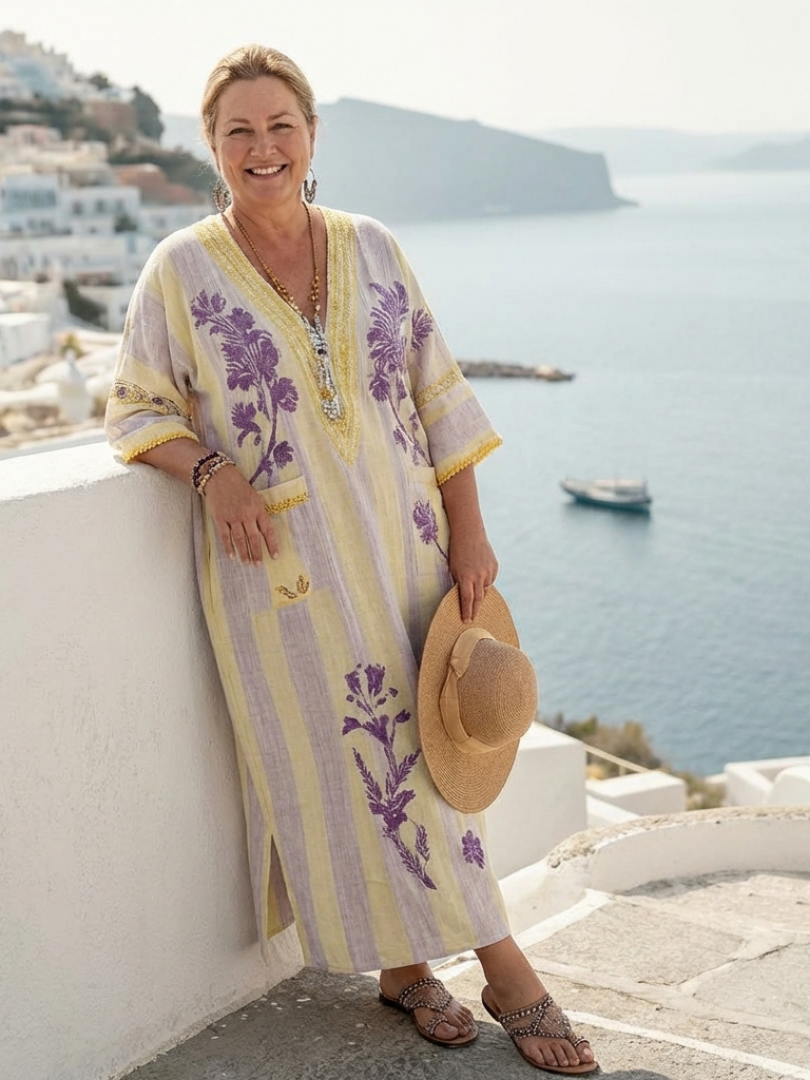 Feryana | Floral Print V-Neck Maxi Kaftan Dress