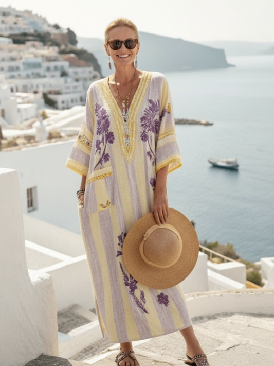 Feryana | Floral Print V-Neck Maxi Kaftan Dress