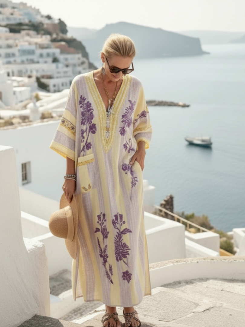 Feryana | Floral Print V-Neck Maxi Kaftan Dress