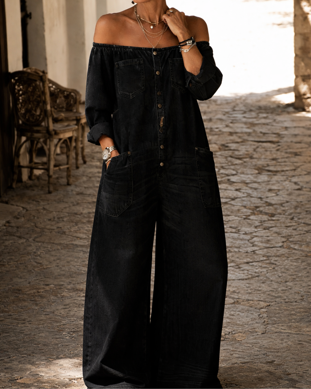 Elio | Off Shoulder Wide Leg Denim Jumpsuit