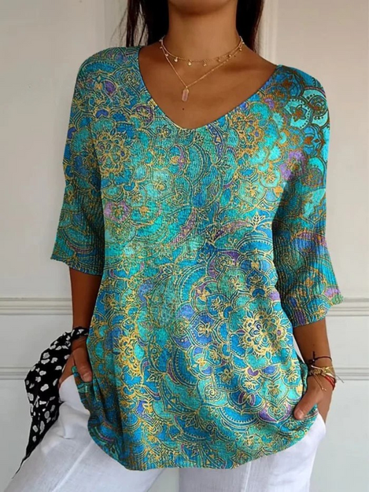 Rezilia | Womens V-Neck Bohemian Print Blouse