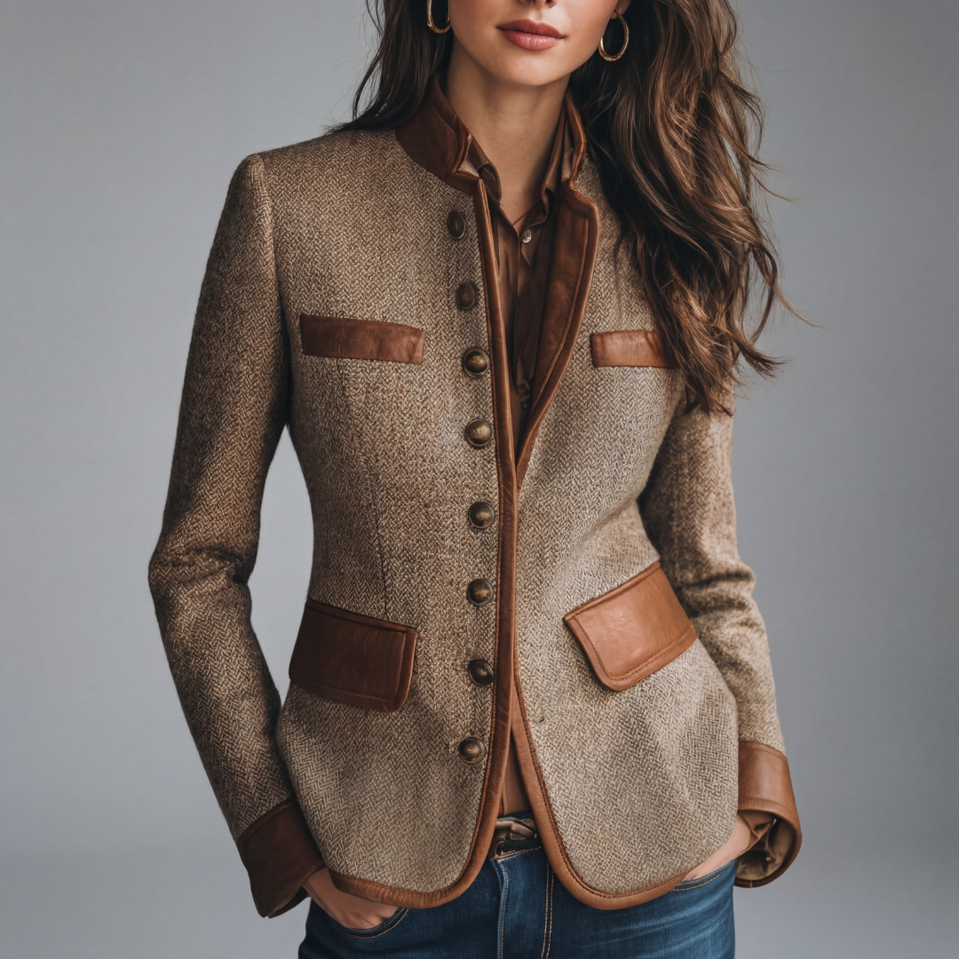 Yvanna | Tweed-Style Button Front Contrast Trim Jacket