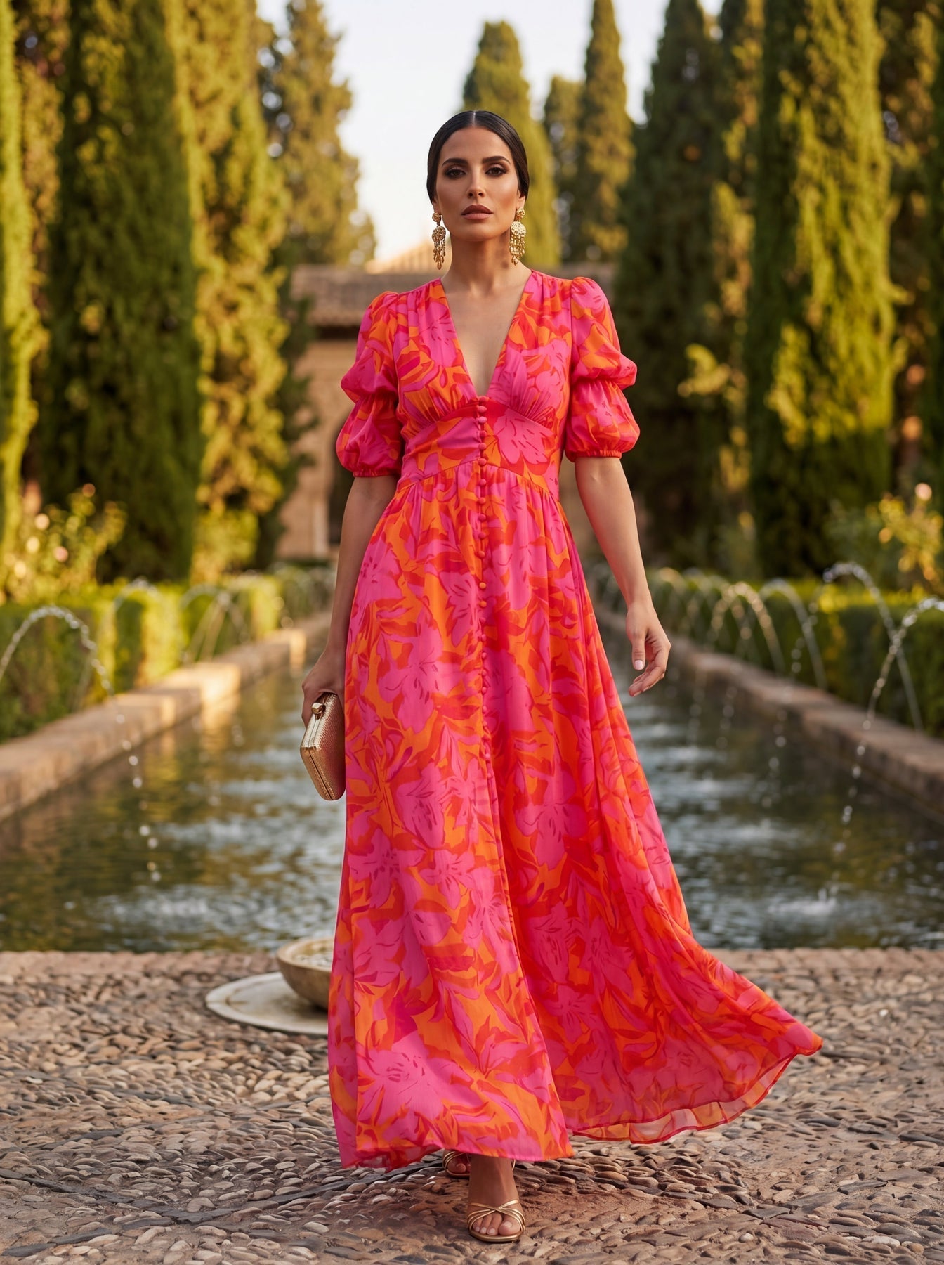 Zinnia | Maxi Dress Pink Orange Floral V Neck