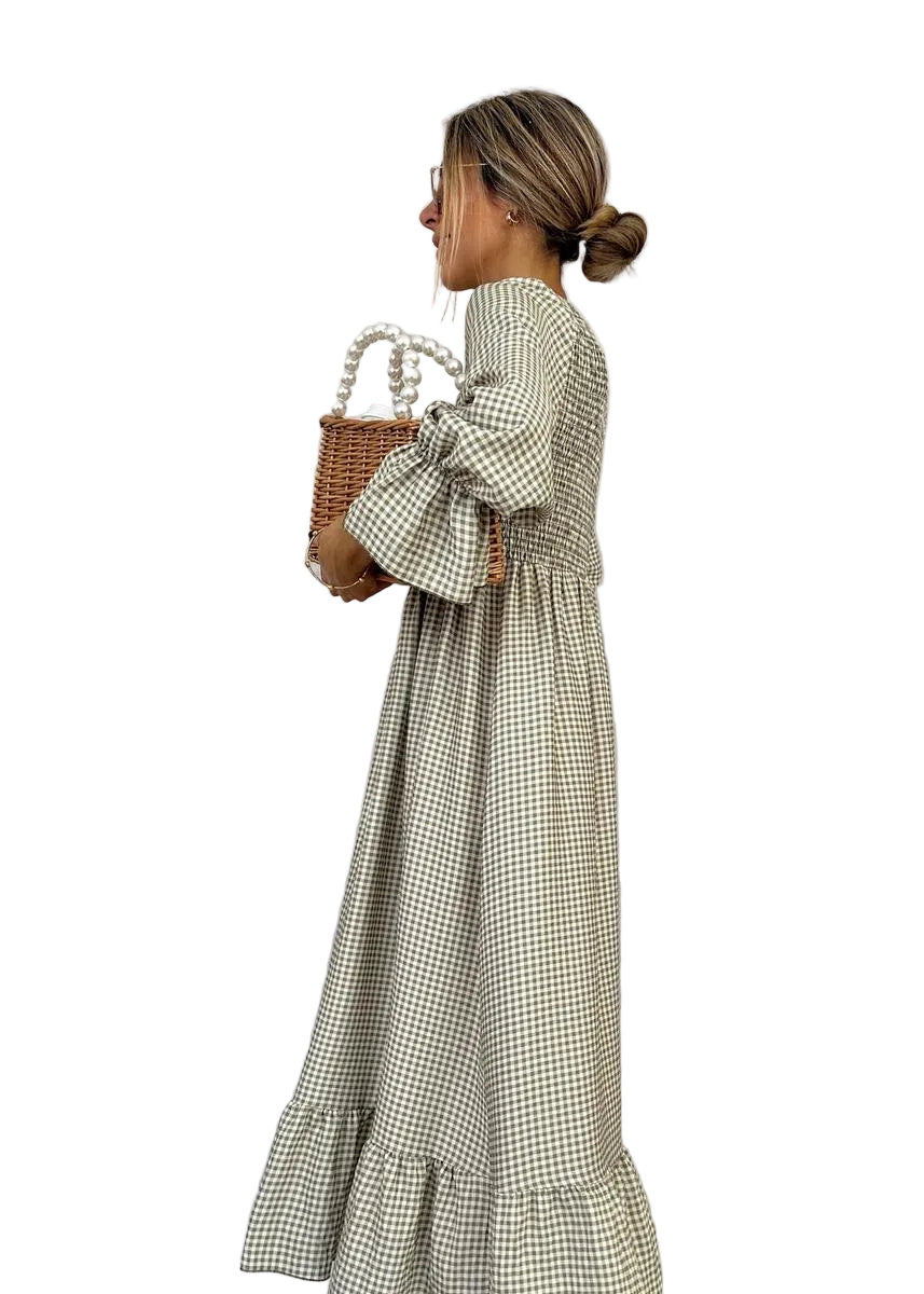 Helenee | Maxi Dress Checked Smocked Round Neck