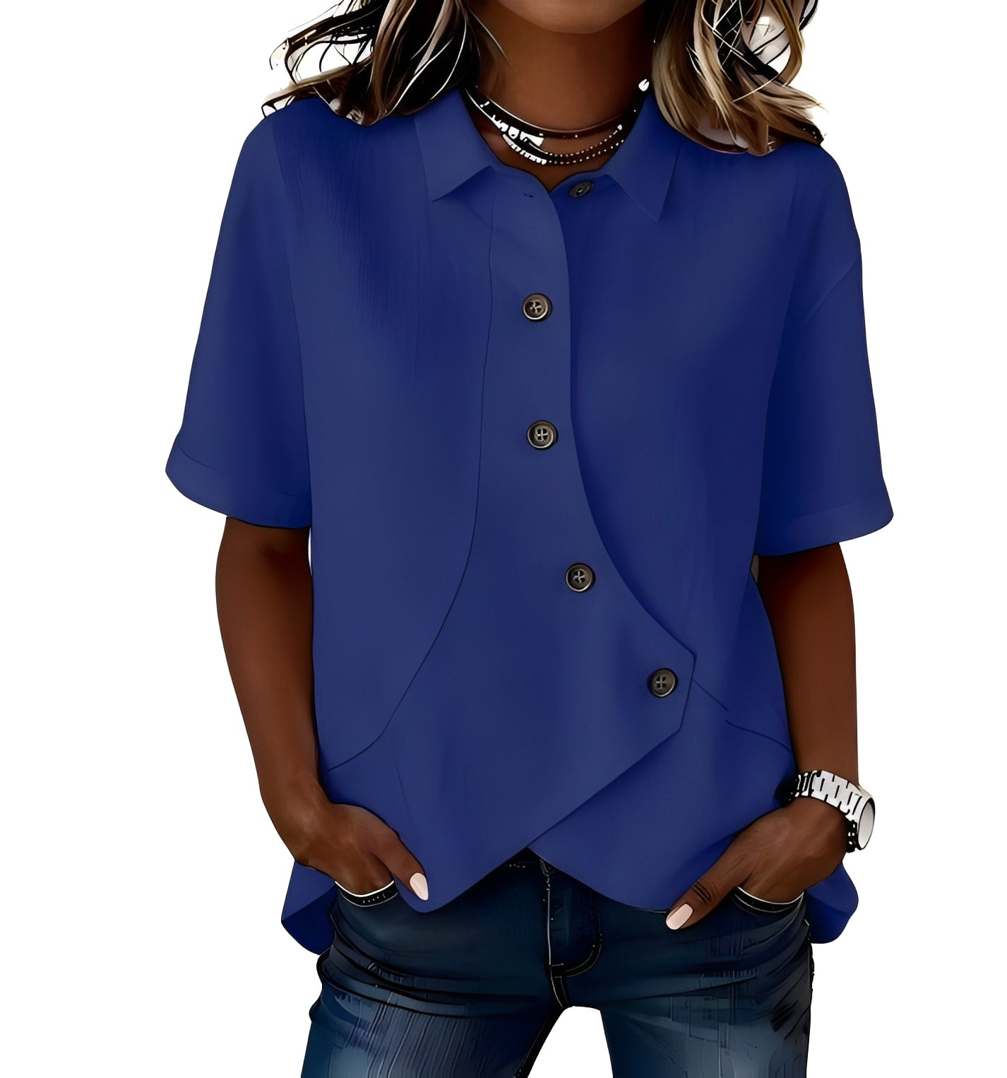 Thabata | Short Sleeve Asymmetric Button Shirt Blouse