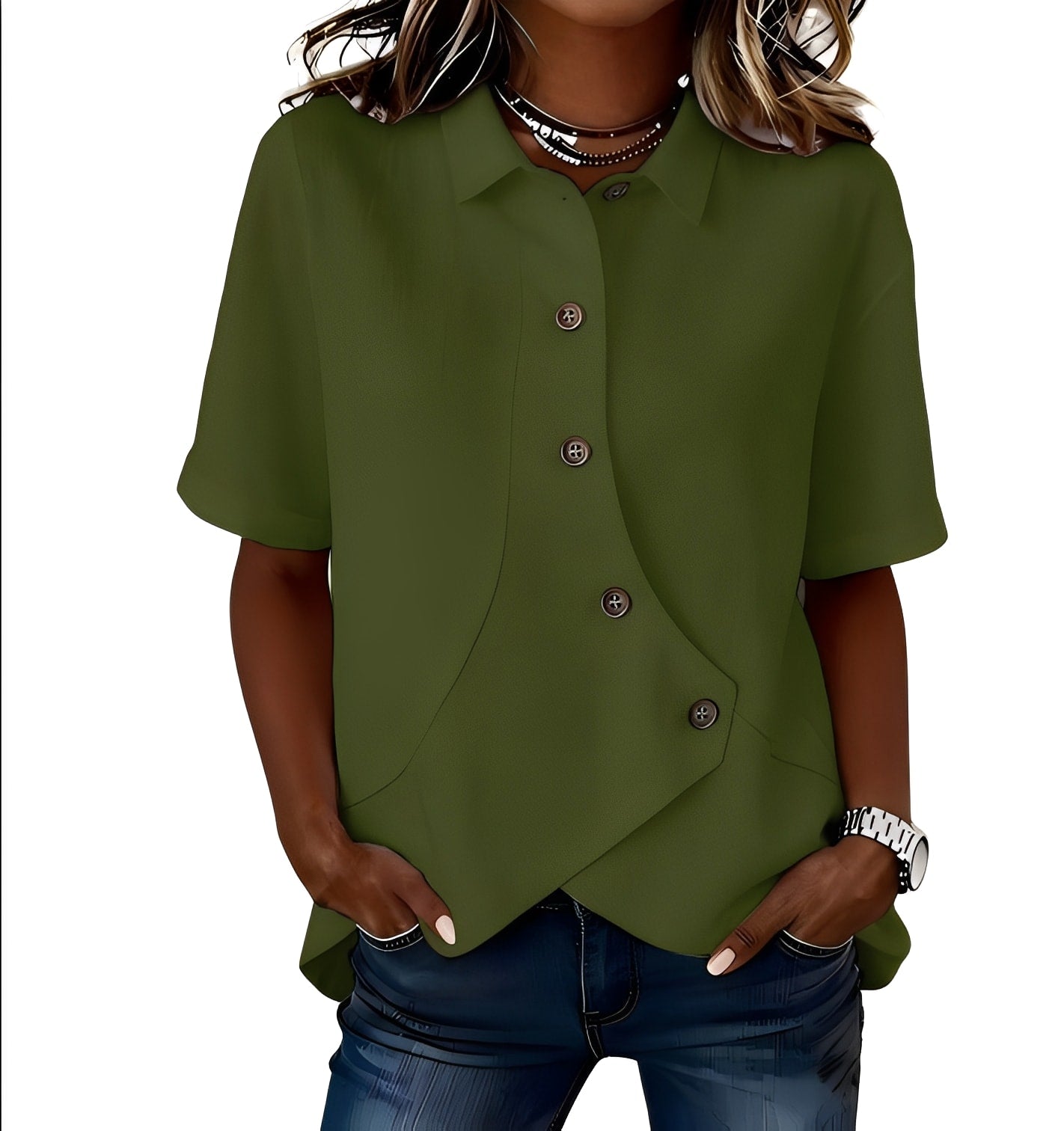 Thabata | Short Sleeve Asymmetric Button Shirt Blouse