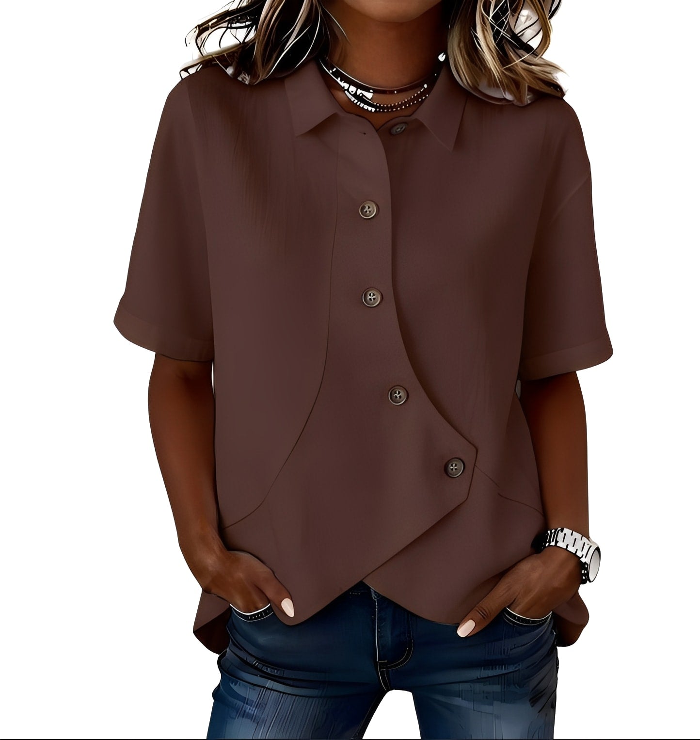 Thabata | Short Sleeve Asymmetric Button Shirt Blouse