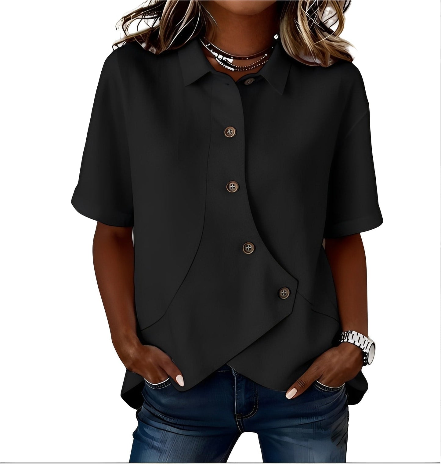 Thabata | Short Sleeve Asymmetric Button Shirt Blouse