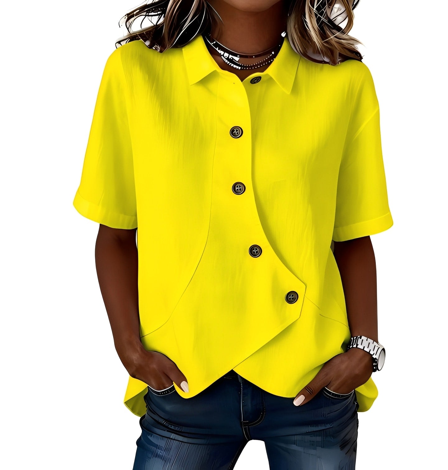 Thabata | Short Sleeve Asymmetric Button Shirt Blouse