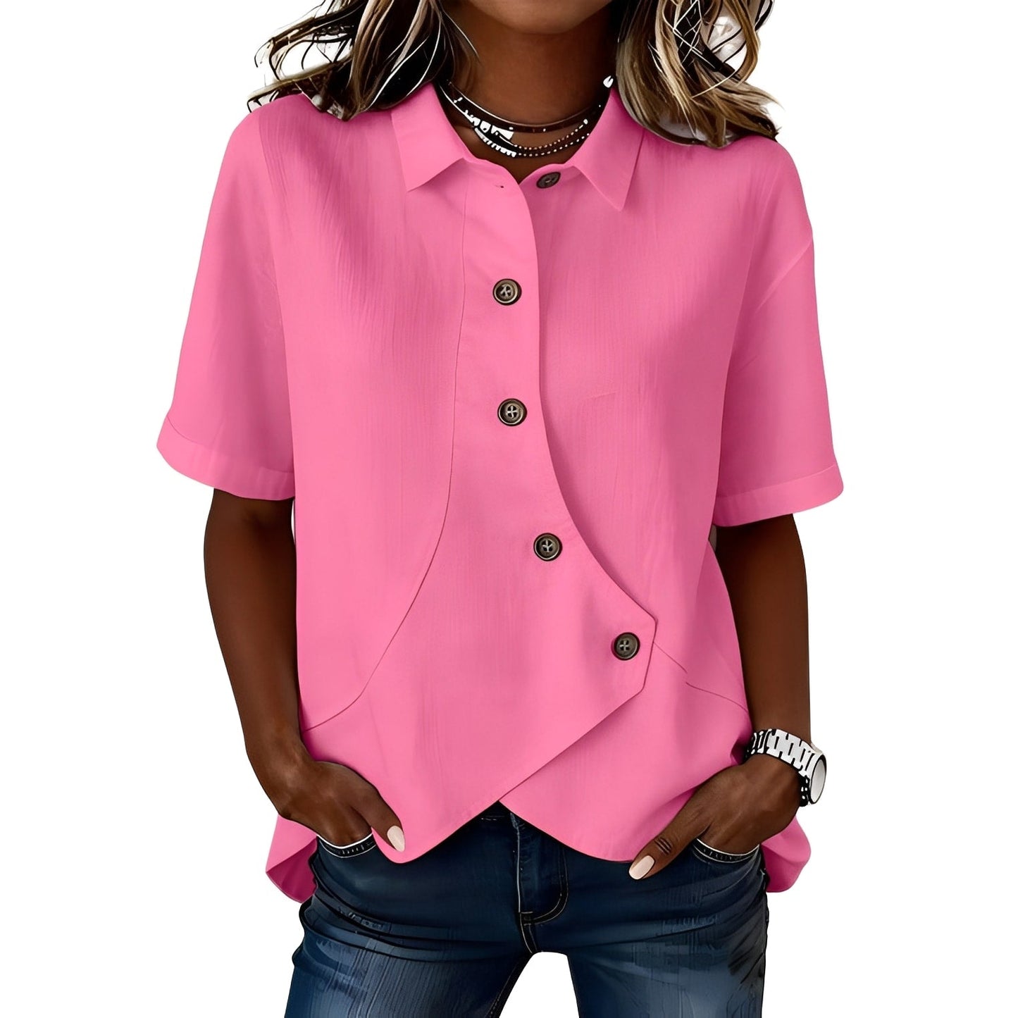 Thabata | Short Sleeve Asymmetric Button Shirt Blouse
