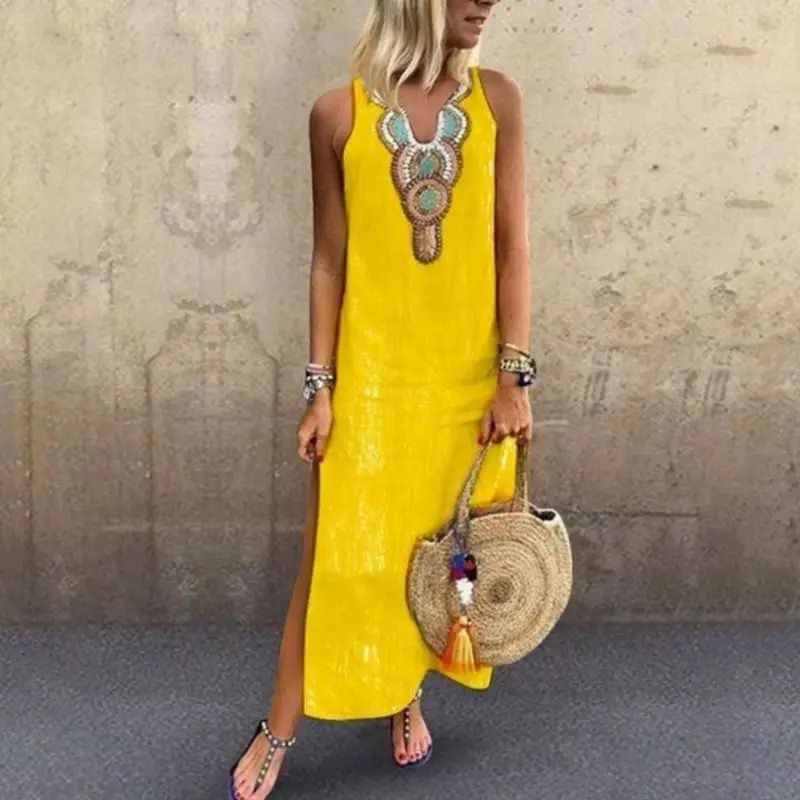 Sujin | Sleeveless Embroidered Split Hem Maxi Dress