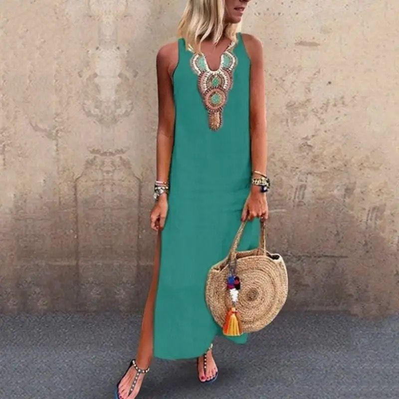 Sujin | Sleeveless Embroidered Split Hem Maxi Dress