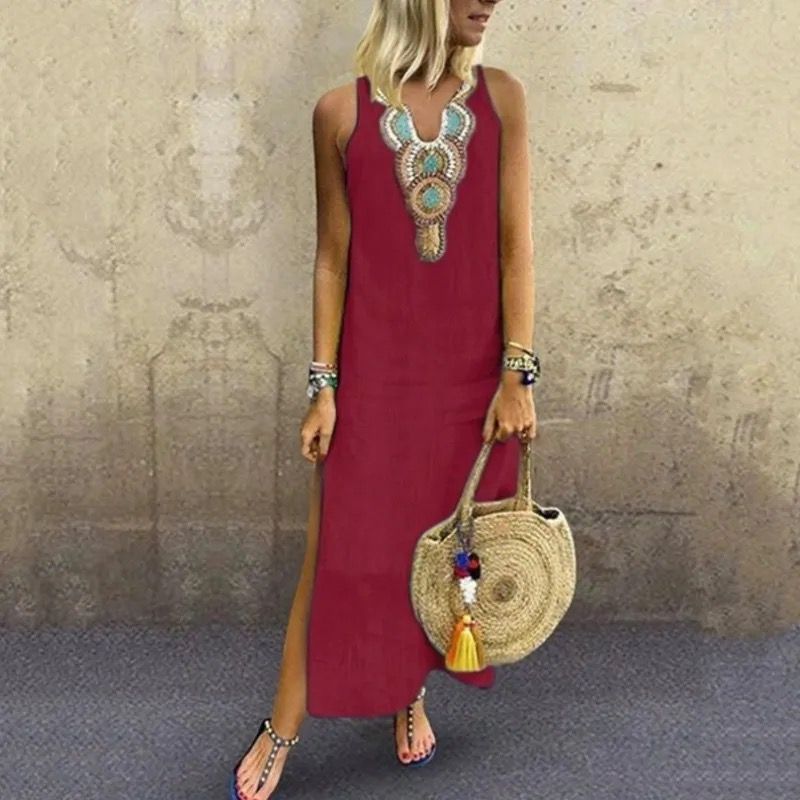 Sujin | Sleeveless Embroidered Split Hem Maxi Dress