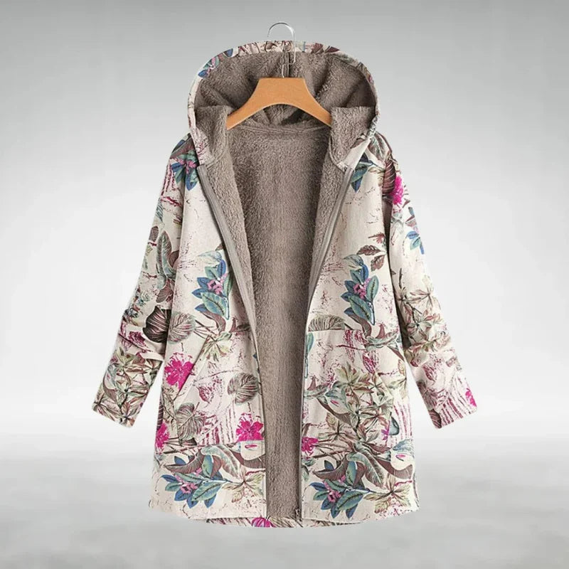 Panida | Hooded Floral Fleece-Lined Long Jacket