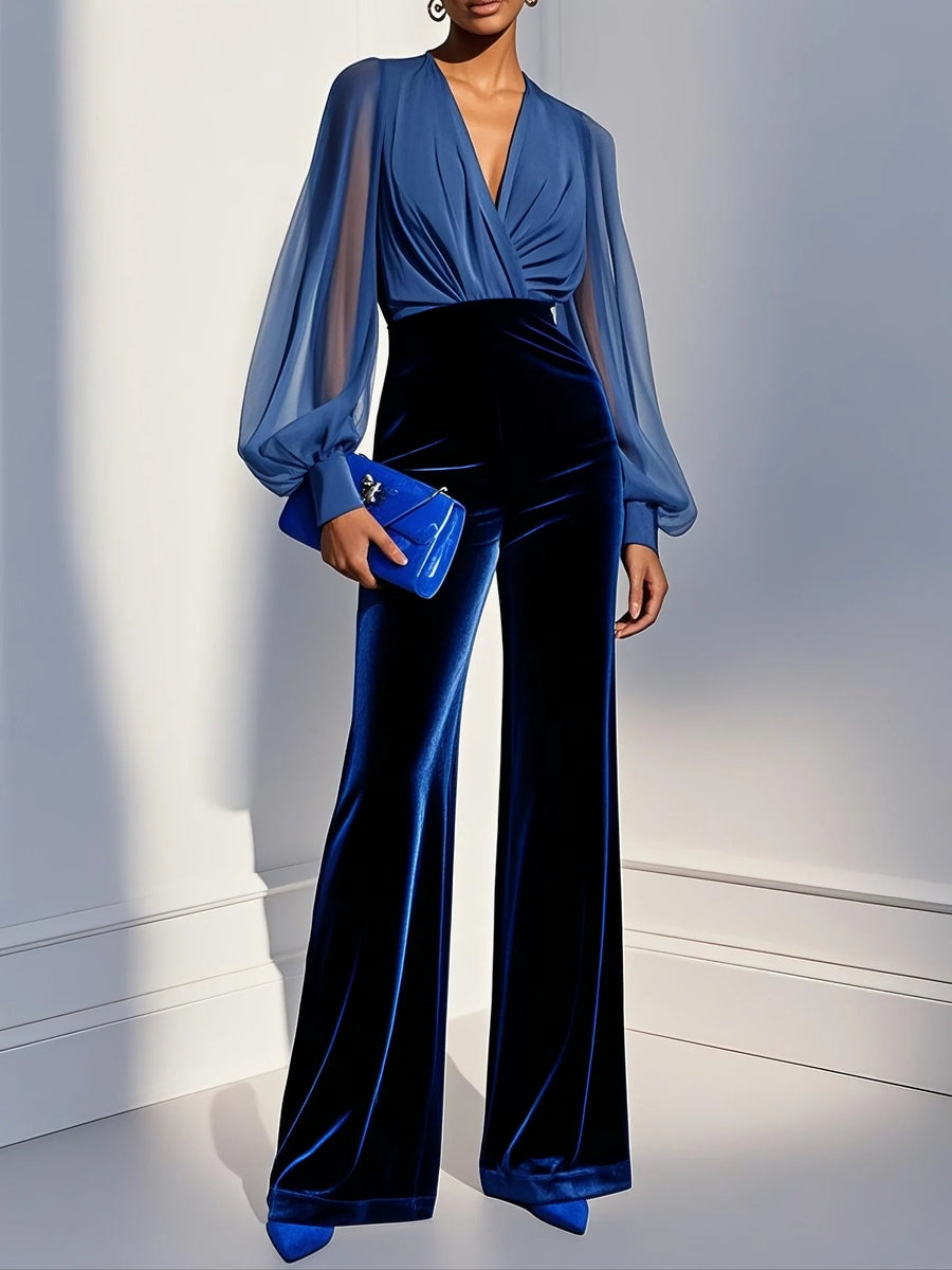 Parisa | Velvet Wide Leg V Neck Jumpsuit