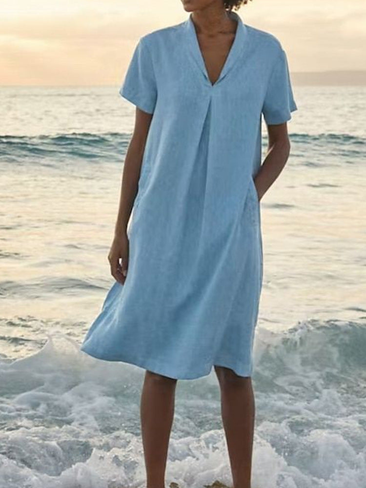 Laurie | Short Sleeve V-Neck Pocket Midi Dress
