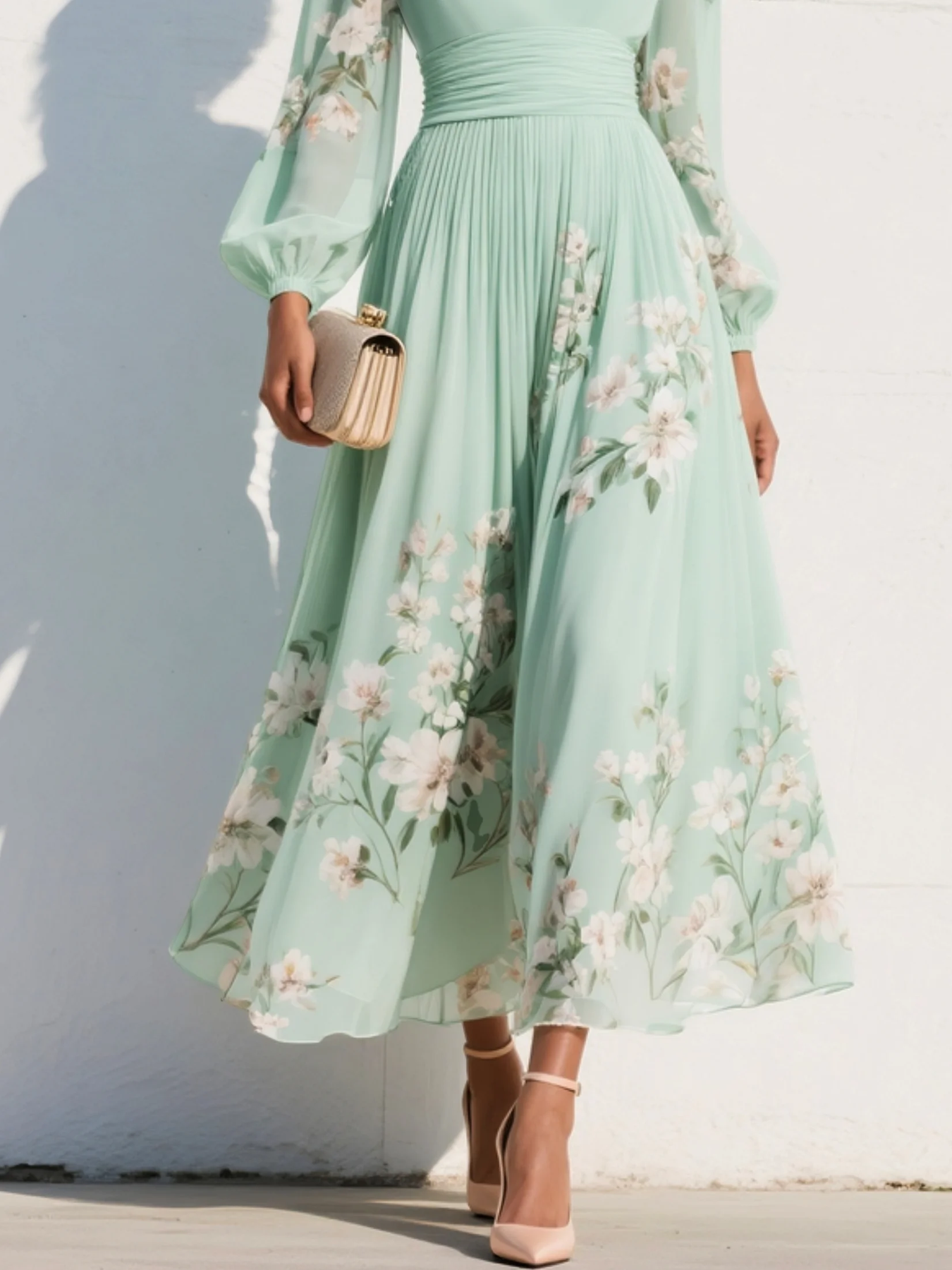 Evalyn - Floral V Neck Long Sleeve Dress