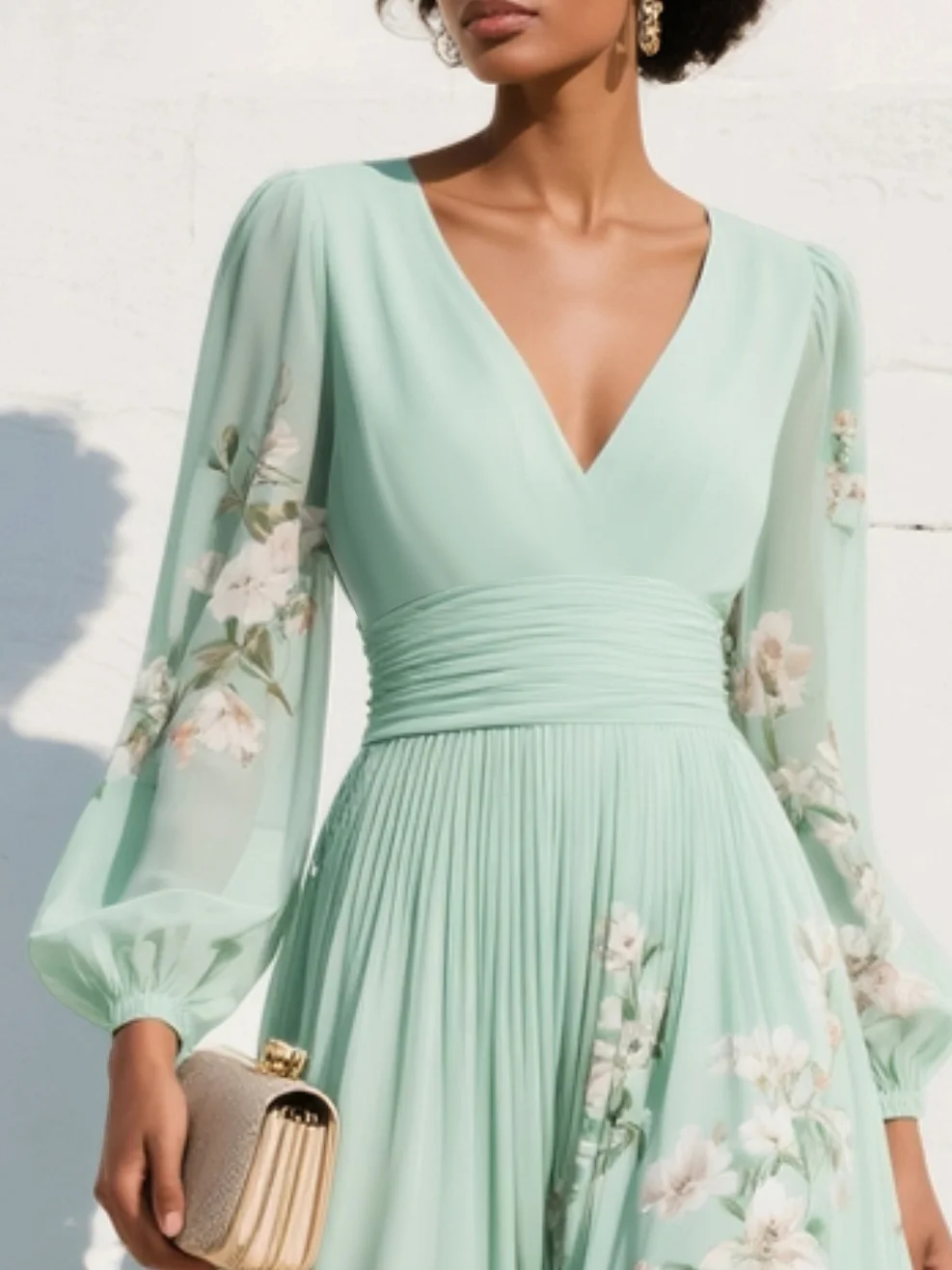 Evalyn - Floral V Neck Long Sleeve Dress
