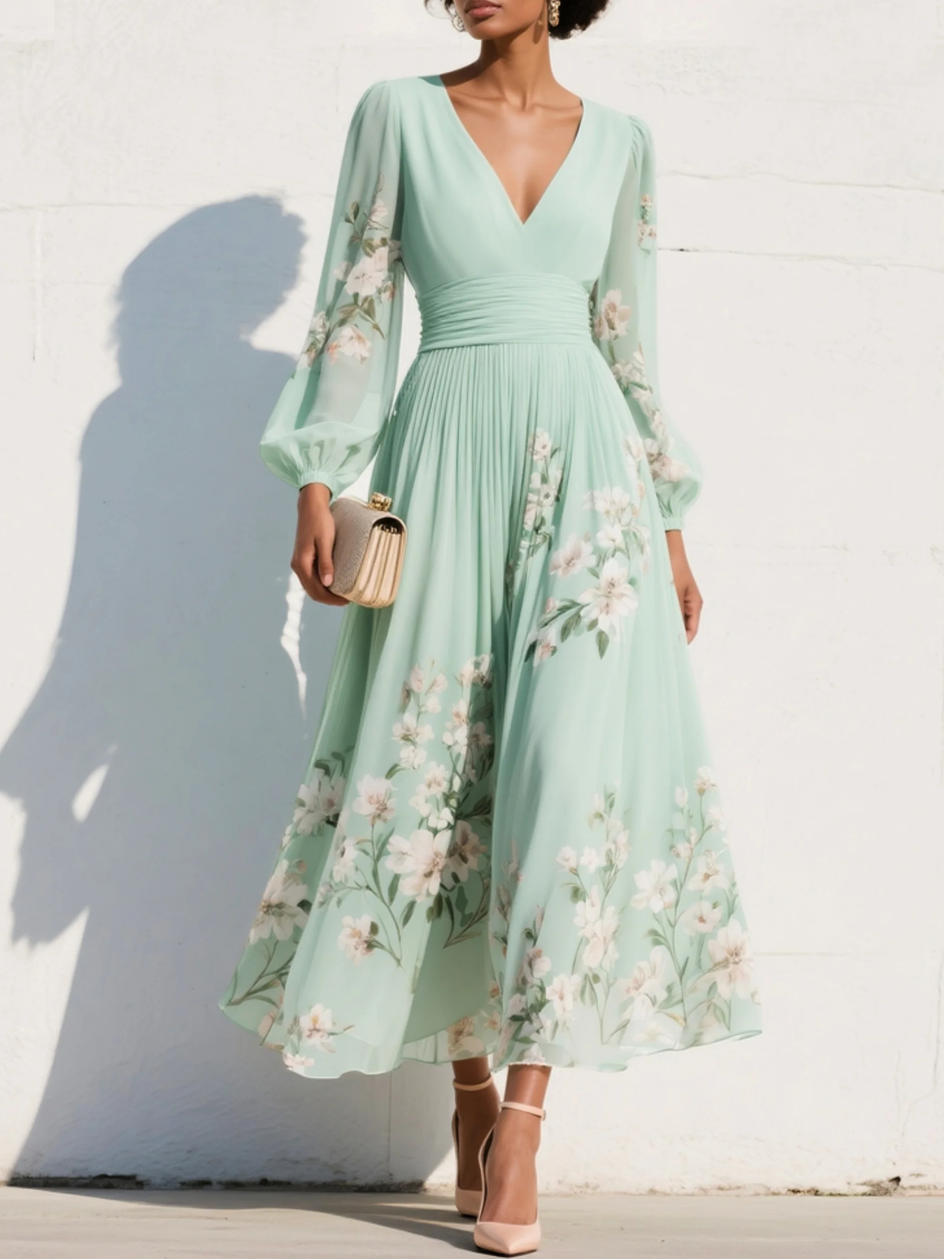 Evalyn - Floral V Neck Long Sleeve Dress