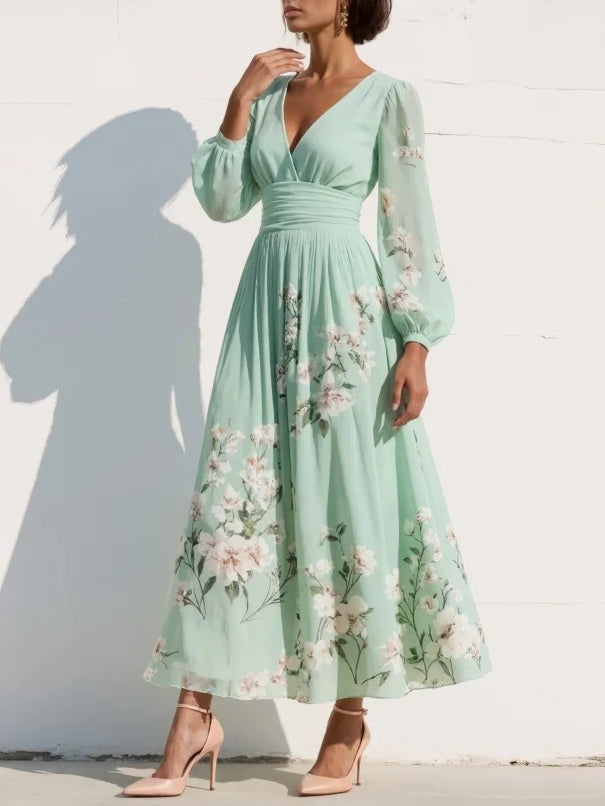 Evalyn - Floral V Neck Long Sleeve Dress