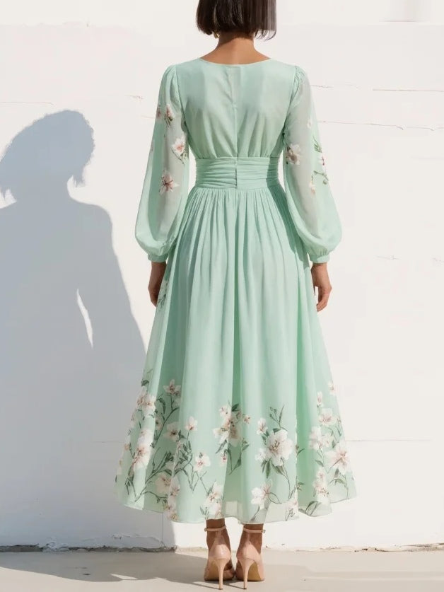 Evalyn - Floral V Neck Long Sleeve Dress