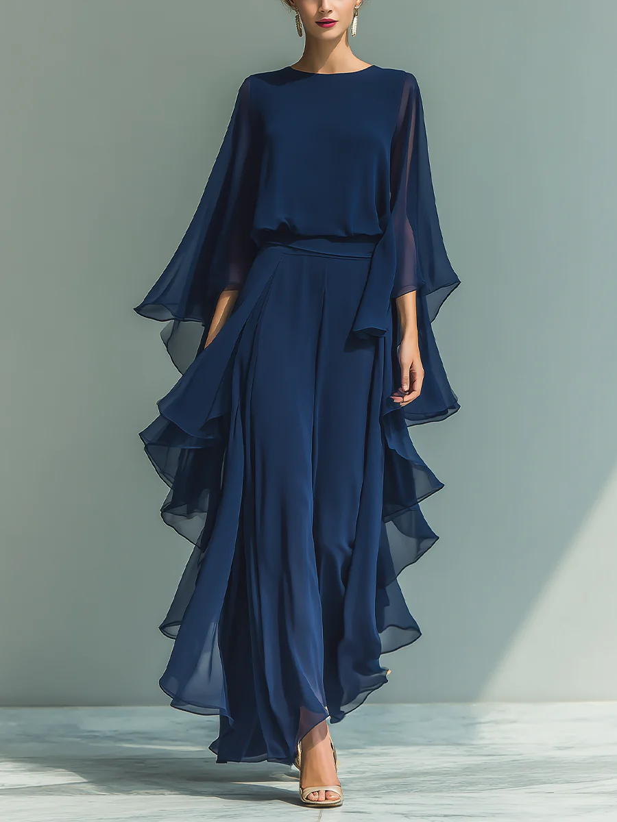 Elyssa | Navy Chiffon Wide Leg Ruffle Jumpsuit