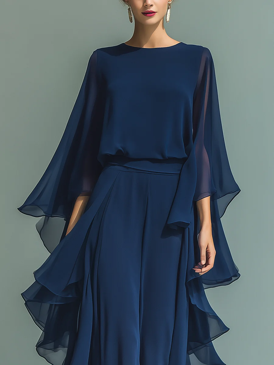 Elyssa | Navy Chiffon Wide Leg Ruffle Jumpsuit