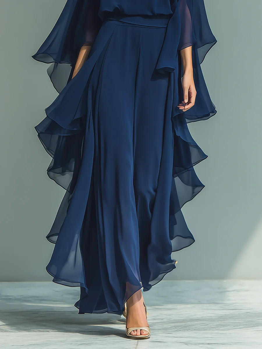 Elyssa | Navy Chiffon Wide Leg Ruffle Jumpsuit