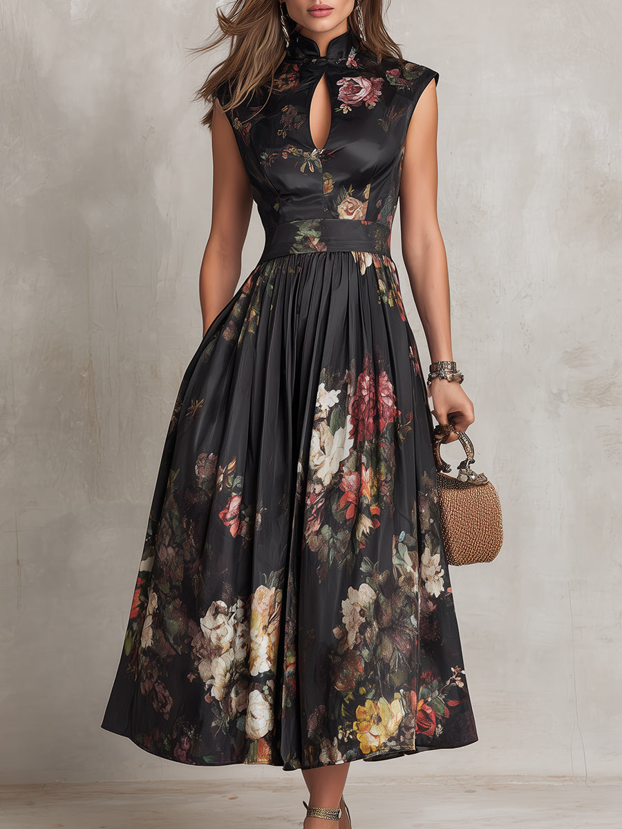 Littia | Pleated Floral Keyhole Midi Dress
