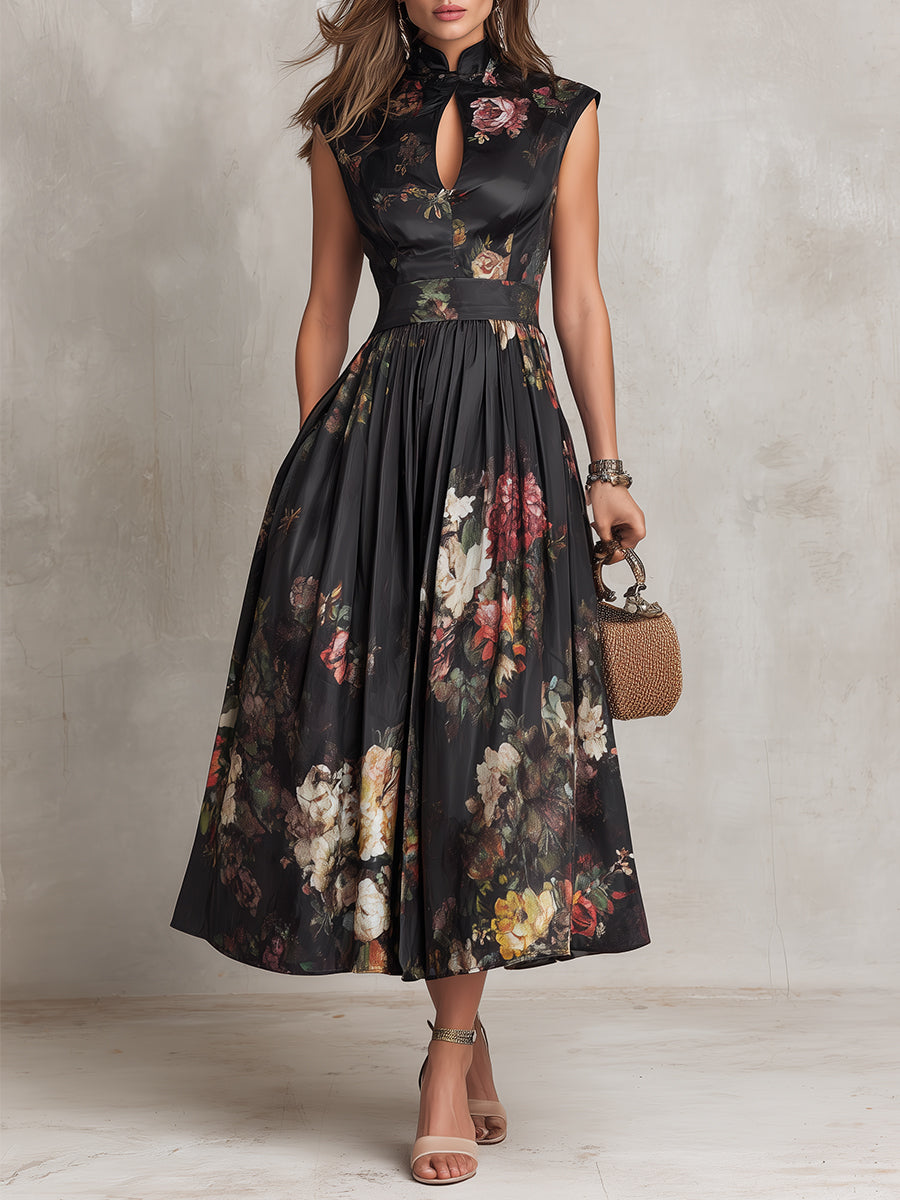 Littia | Pleated Floral Keyhole Midi Dress