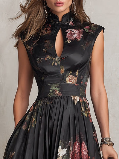 Littia | Pleated Floral Keyhole Midi Dress