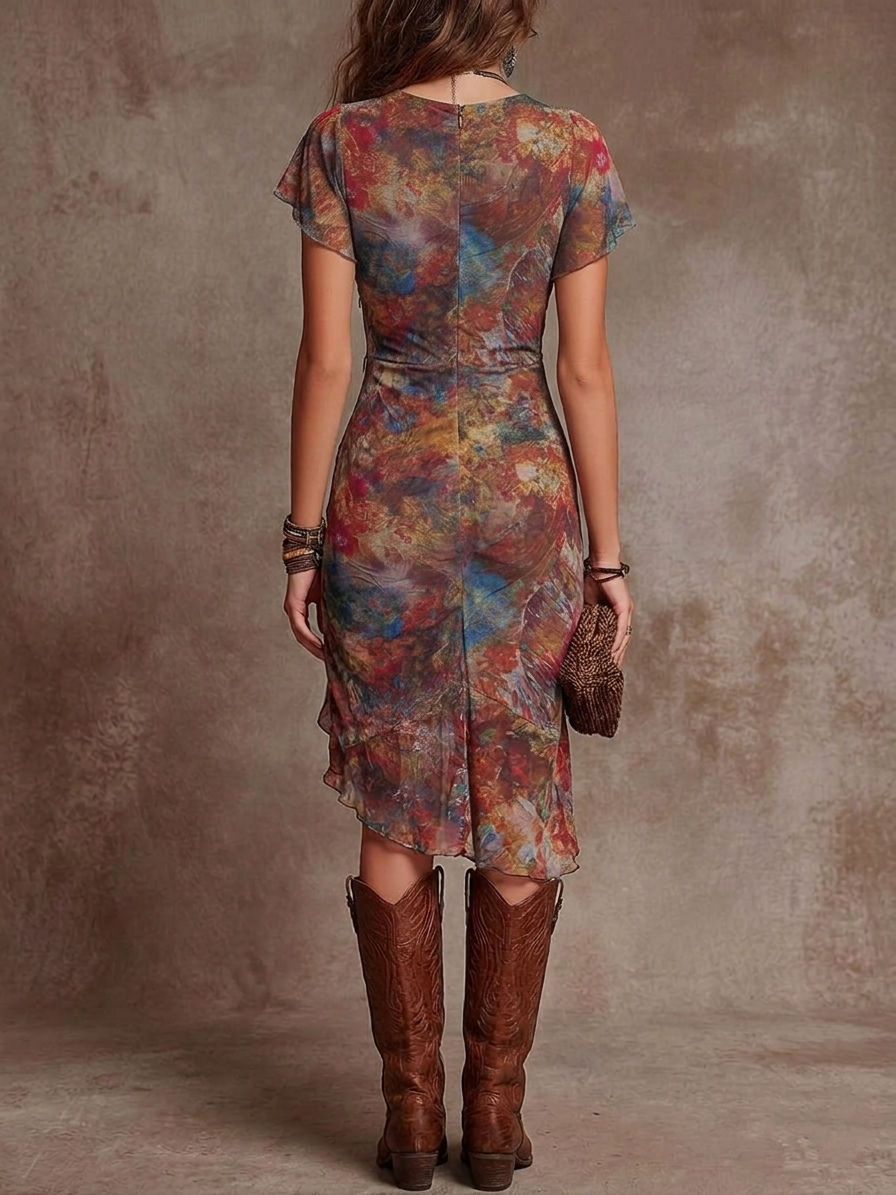 Jacklen |  Abstract Print V-Neck Midi Dress