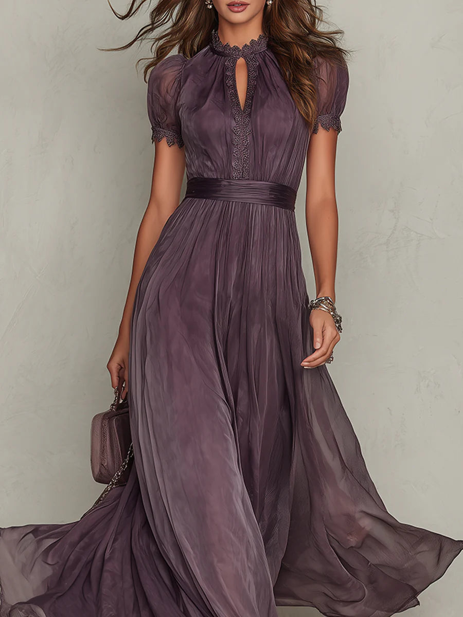 Cynthy | Short Sleeve Lace Trim Maxi Dress