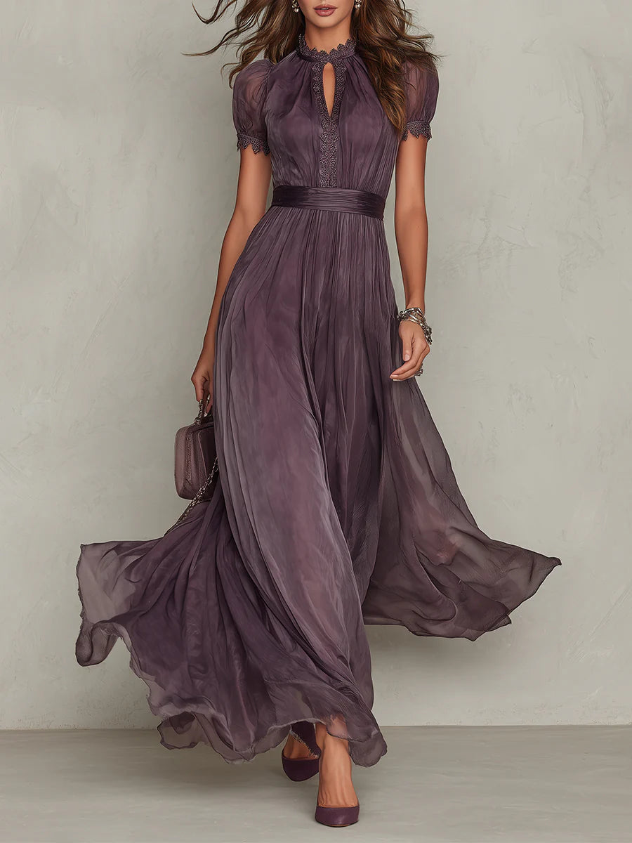 Cynthy | Short Sleeve Lace Trim Maxi Dress