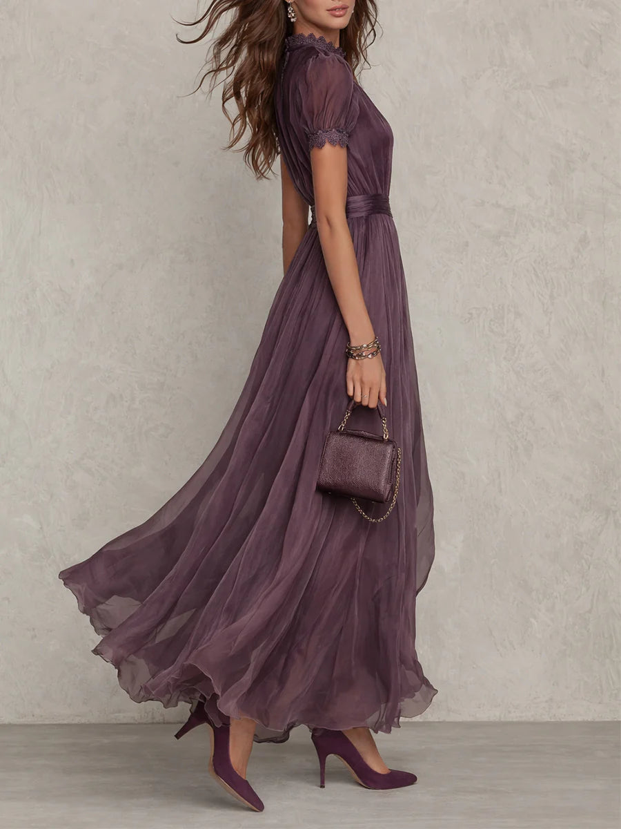 Cynthy | Short Sleeve Lace Trim Maxi Dress