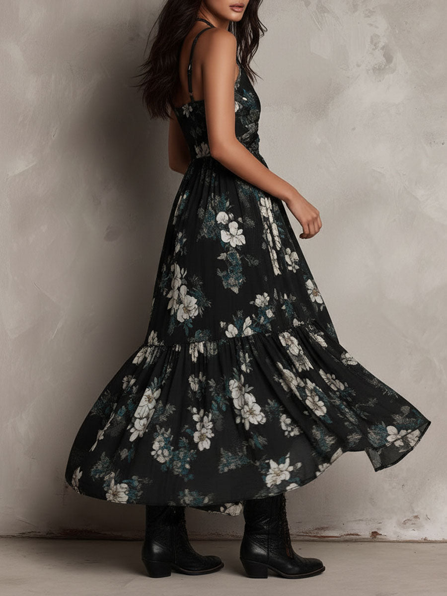 Meza | Floral V-Neck High-Low Midi Dress