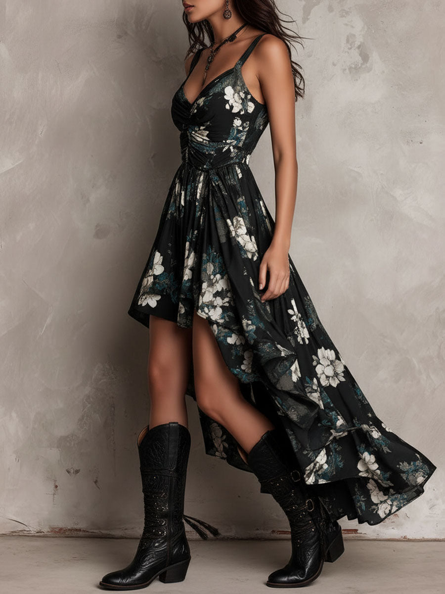 Meza | Floral V-Neck High-Low Midi Dress