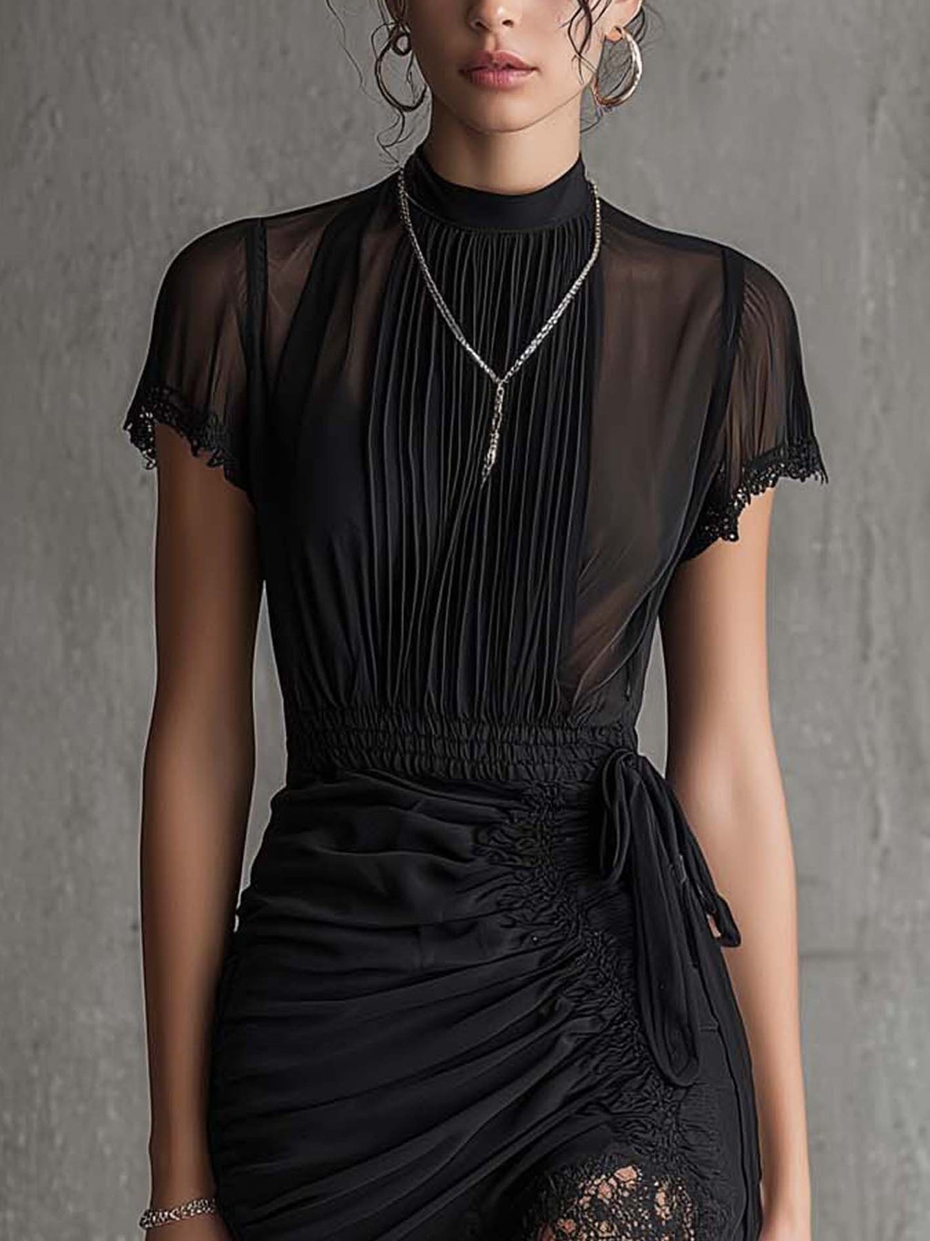 Semila | Black Pleated Lace Trim Mini Dress