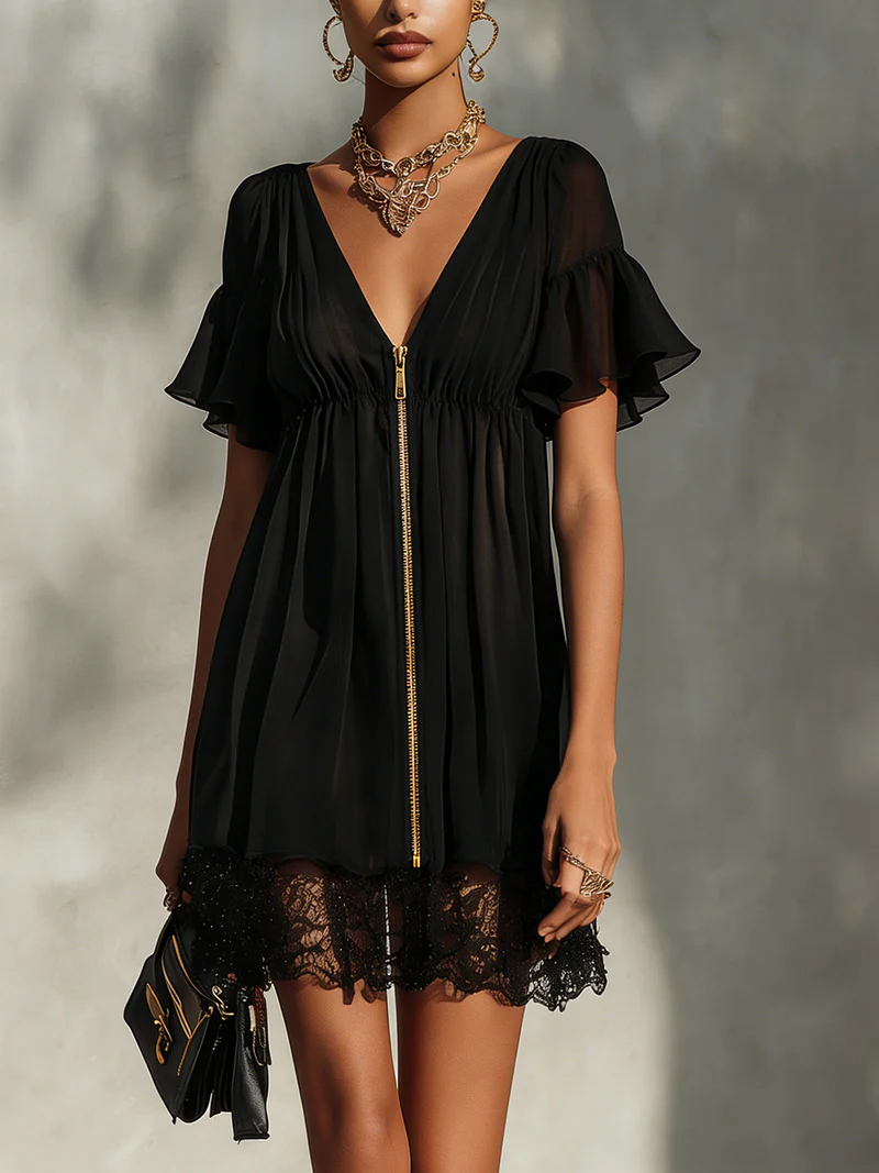 Sanya | Black Flutter Sleeve Lace Trim Mini Dress