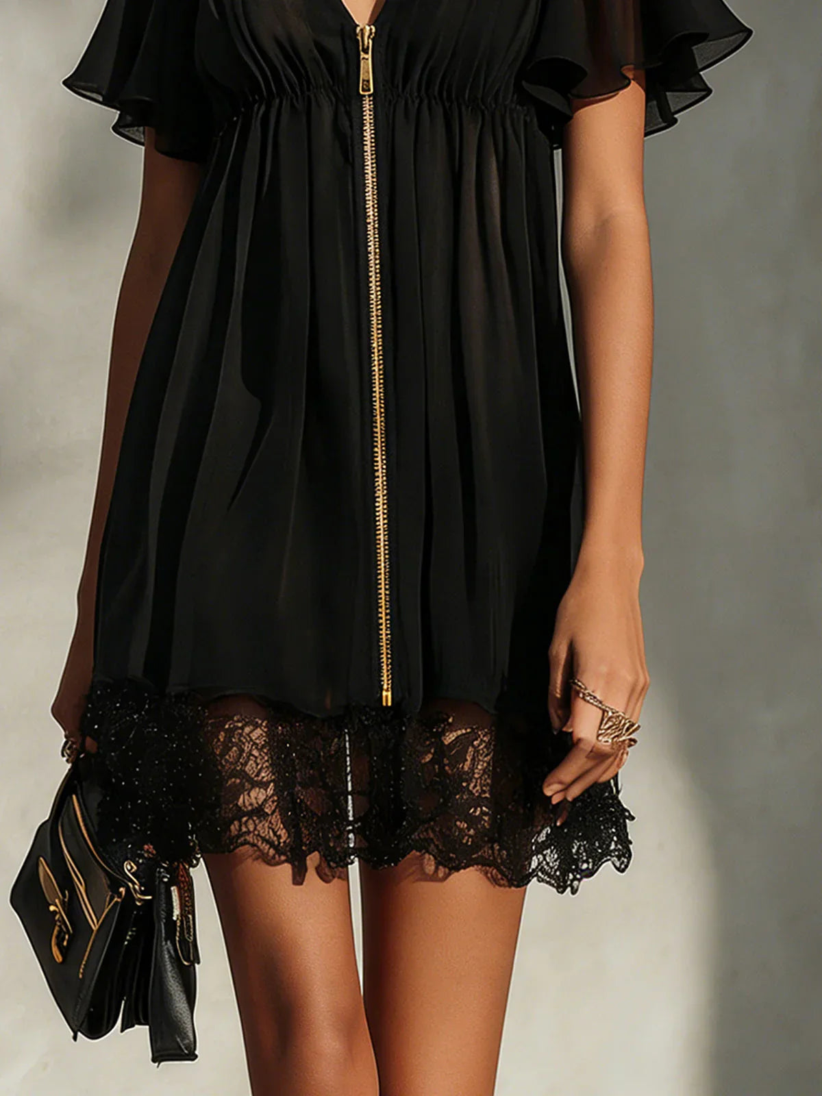 Sanya | Black Flutter Sleeve Lace Trim Mini Dress
