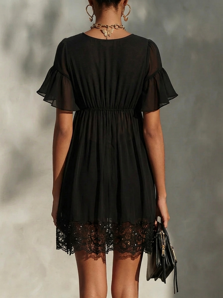 Sanya | Black Flutter Sleeve Lace Trim Mini Dress