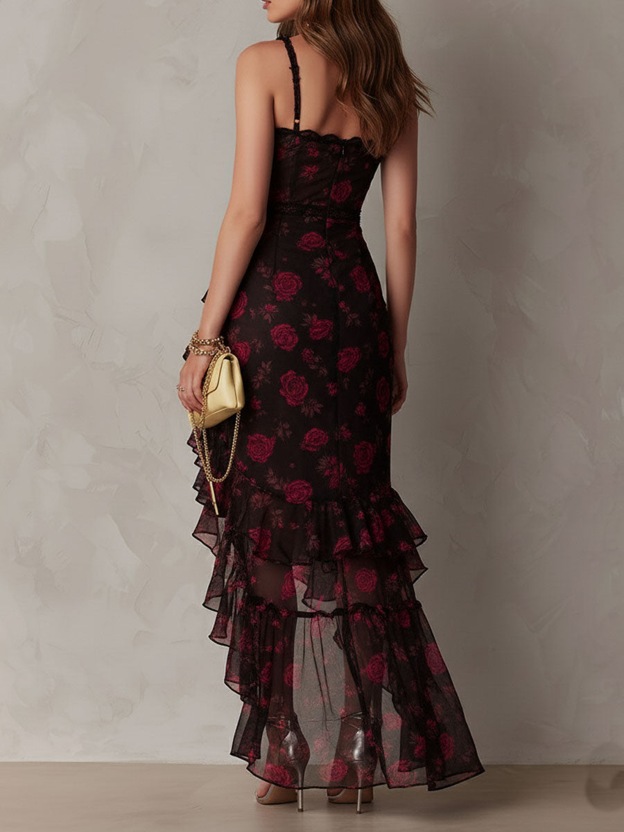 Deyna | Floral Asymmetrical Ruffle Hem Midi Dress