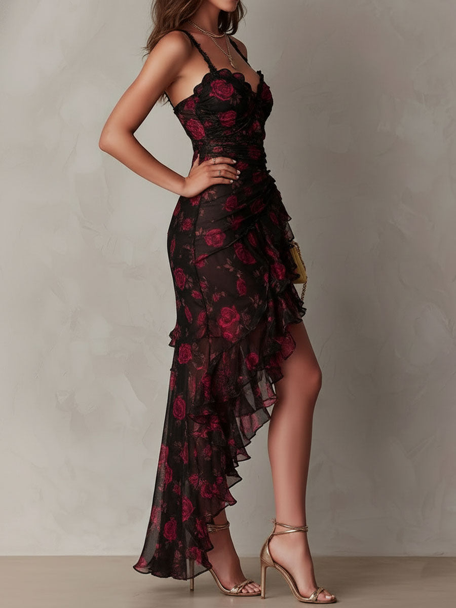 Deyna | Floral Asymmetrical Ruffle Hem Midi Dress