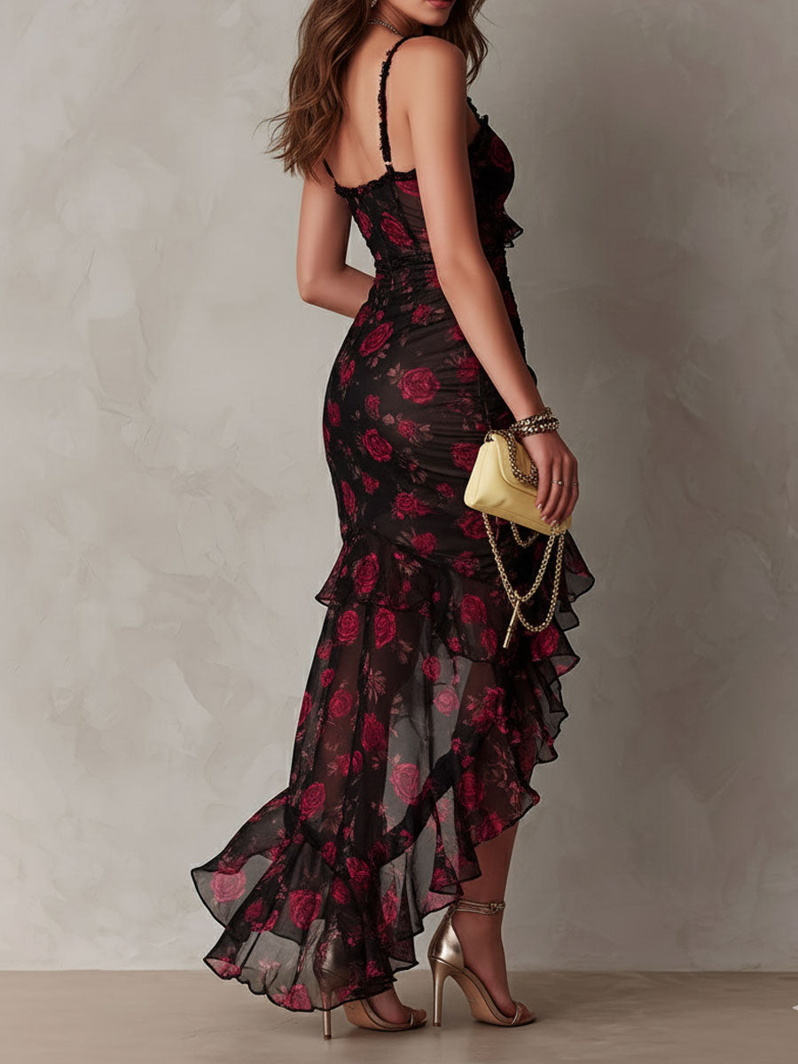 Deyna | Floral Asymmetrical Ruffle Hem Midi Dress