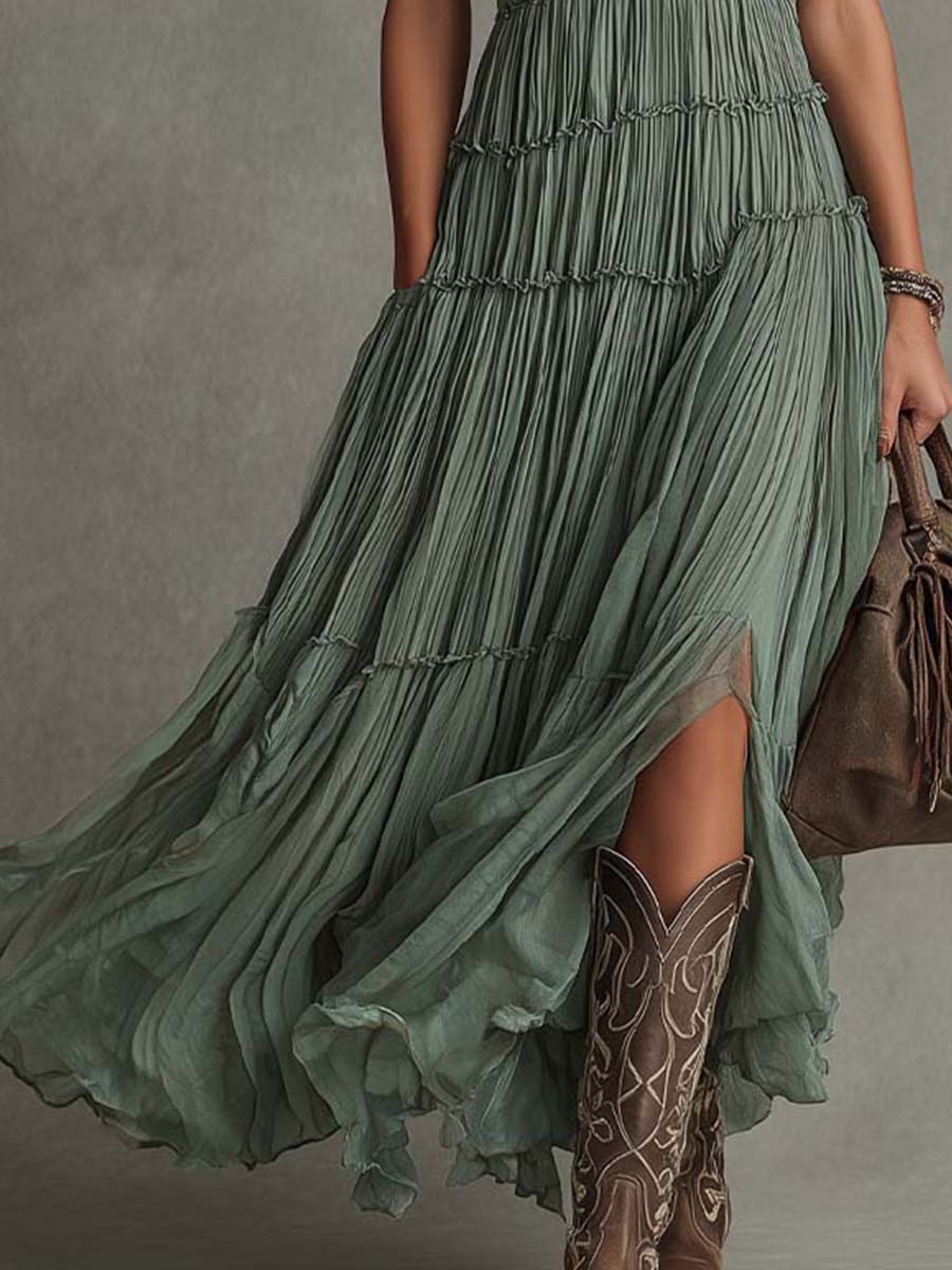 Sirikun | Sleeveless Sage Green Pleated Maxi Dress
