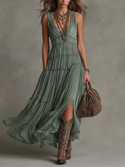 Sirikun | Sleeveless Sage Green Pleated Maxi Dress