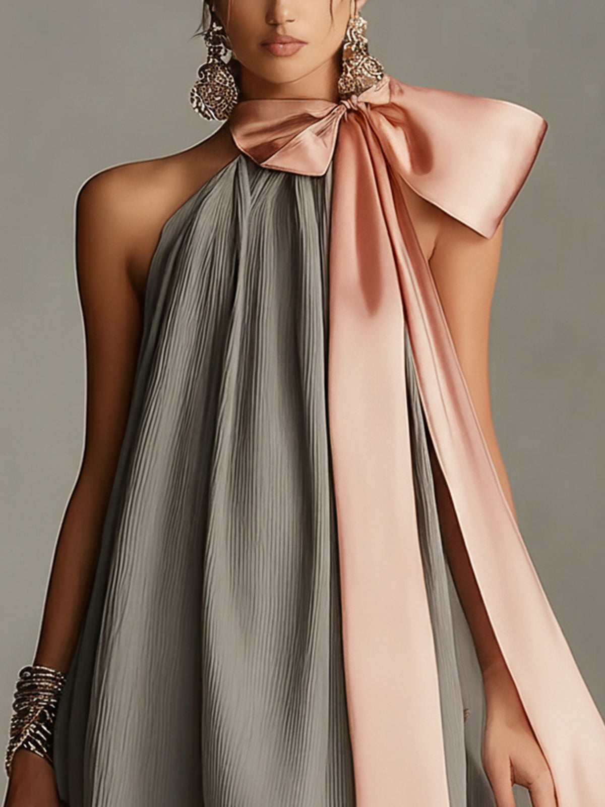 Robin | Bow Neck Pleated Swing Mini Dress