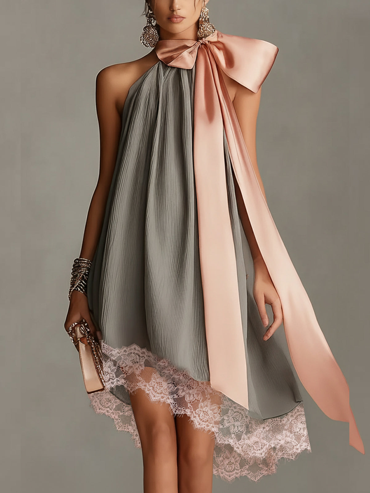 Robin | Bow Neck Pleated Swing Mini Dress