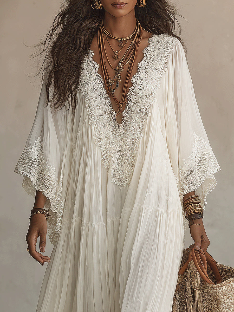 Shimmila | Lace Trim V-Neck Maxi Dress